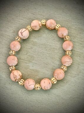 Rose Pink Marble Bead Stretch Bracelet with Gold Filigree